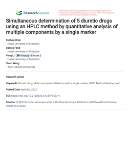 Simultaneous Determination of 5 Diuretic Drugs Using an HPLC Method by Quantitative Analysis of Multiple Components by a Single Marker