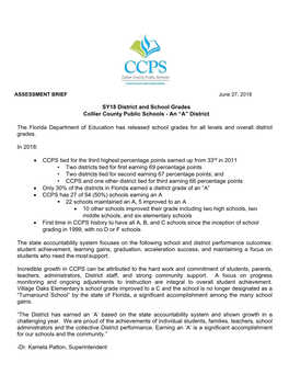 SY18 District and School Grades Collier County Public Schools - an “A” District