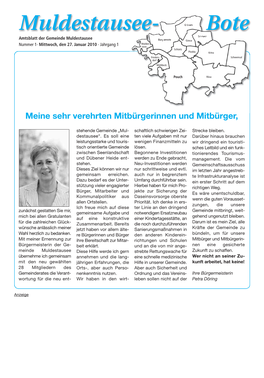 Bote Amtsblatt Der Gemeinde Muldestausee Schmerz Burgkemnitz Gossa Mulden- Nummer 1· Mittwoch, Den 27