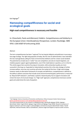 Harnessing Competitiveness for Social and Ecological Goals High Road Competitiveness Is Necessary and Feasible