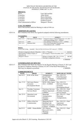 The Approved Minutes of the February 14, 2013 Regular Meeting