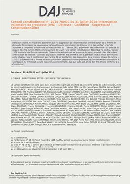 Conseil Constitutionnel N° 2014-700 DC Du 31 Juillet 2014 (Interruption Volontaire De Grossesse (IVG) - Détresse - Condition - Suppression - Constitutionnalité)