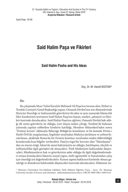 Said Halim Paşa Ve Fikirleri