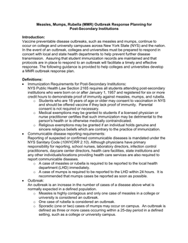 Measles, Mumps, Rubella (MMR) Outbreak Response Planning for Post-Secondary Institutions