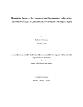 Modernity, Resource Development and Constructs of Indigeneity: a Summary Analysis of Canadian Jurisprudence and Aboriginal Rights