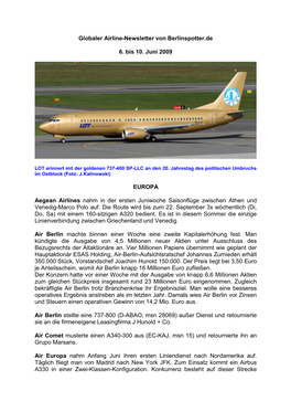 Globaler Airline-Newsletter Von Berlinspotter.De 6. Bis 10. Juni 2009