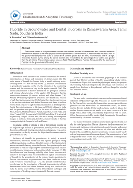 Fluoride in Groundwater and Dental Fluorosis in Rameswaram Area, Tamil Nadu, Southern India V