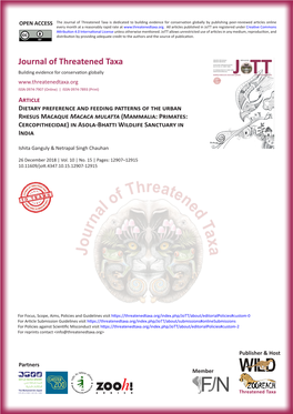 Dietary Preference and Feeding Patterns of the Urban Rhesus Macaque Macaca Mulatta (Mammalia: Primates: Cercopithecidae) in Asola-Bhatti Wildlife Sanctuary in India