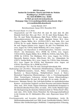 RWTH Aachen Institut Für Geschichte, Theorie Und Ethik Der Medizin