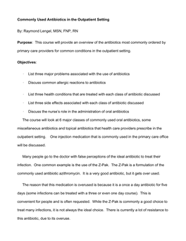 Commonly Used Antibiotics in the Outpatient Setting By