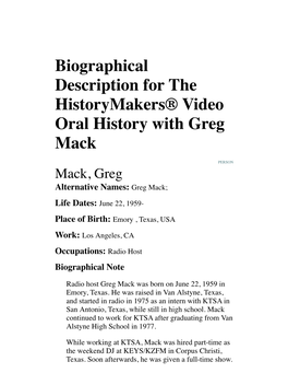 Biographical Description for the Historymakers® Video Oral History with Greg Mack