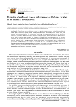 Behavior of Male and Female Eclectus Parrot (Eclectus Roratus) in an Artificial Environment