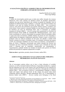 Avaliação Da Eficiência Agropecuária Da Microrregião De Andradina, Estado De São Paulo