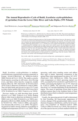 The Annual Reproductive Cycle of Rudd, Scardinius Erythrophthalmus (Cyprinidae) from the Lower Oder River and Lake D¹bie, (NW Poland)