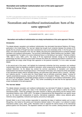 Neorealism and Neoliberal Institutionalism: Born of the Same Approach? Written by Alexander Whyte