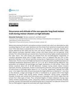 Occurrence and Altitude of the Non-Specular Long-Lived Meteor Trails During Meteor Showers at High Latitudes