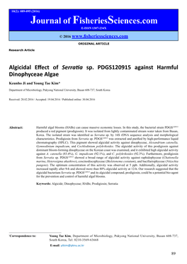 Algicidal Effect of Serratia Sp. PDGS120915 Against Harmful Dinophyceae Algae Keunho Ji and Young Tae Kim*