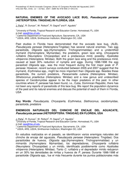 NATURAL ENEMIES of the AVOCADO LACE BUG, Pseudacysta Perseae (HETEROPTERA: TINGIDAE) in FLORIDA, USA