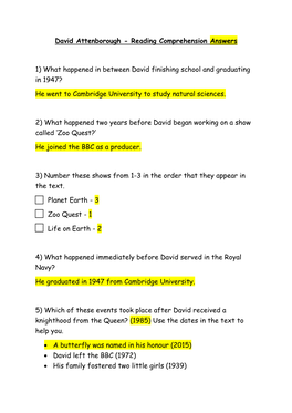 David Attenborough - Reading Comprehension Answers