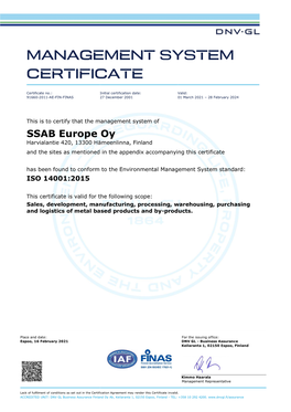 SSAB Europe Management System Certificate 14001 EN 2021