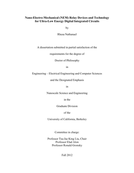 Nano-Electro-Mechanical (NEM) Relay Devices and Technology for Ultra-Low Energy Digital Integrated Circuits