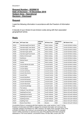 Request Number - 003896/16 Date of Decision - 15 December 2016 Subject Area - Operational Decision - Disclosed