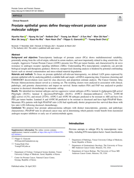 Prostate Epithelial Genes Define Therapy-Relevant Prostate Cancer