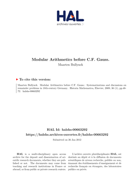 Modular Arithmetics Before C.F. Gauss. Maarten Bullynck