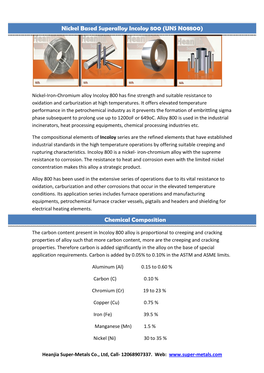 Nickel Based Superalloy Incoloy 800 (UNS N08800) Chemical Composition