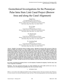 Geotechnical Investigations for the Ponnaiyar- Palar Intra State Link Canal Project (Borrow Area and Along the Canal Alignment)