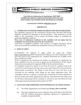 EXAMINATION NOTICE NO.10/2019.CDS-II DATED 12.06.2019 (Last Date for Submission of Applications: 08.07.2019) COMBINED DEFENC