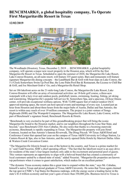 BENCHMARK®, a Global Hospitality Company, to Operate First Margaritaville Resort in Texas