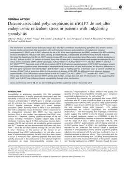 Disease-Associated Polymorphisms in ERAP1 Do Not Alter Endoplasmic Reticulum Stress in Patients with Ankylosing Spondylitis