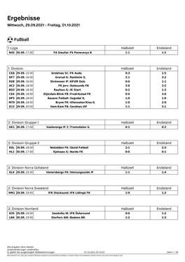 Ergebnisse Mittwoch, 29.09.2021 - Freitag, 01.10.2021