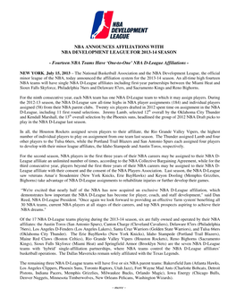 Nba Announces Affiliations with Nba Development League for 2013-14 Season