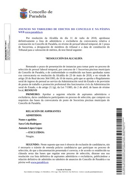 Anuncio No Taboleiro De Edictos Do Concello E Na Páxina Web