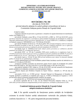 368 Din Data De 30.04.2021 Privind Măsurile Adoptate În Cadrul Şedinţei Extraordinare De Lucru a Comitetului Judeţean Pentru Situaţii De Urgenţă Galaţi