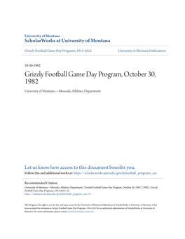 Grizzly Football Game Day Program, October 30, 1982 University of Montana—Missoula
