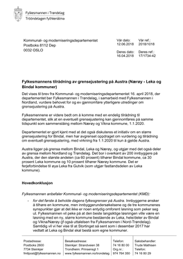 Fylkesmannens Tilrådning Av Grensejustering På Austra (Nærøy - Leka Og Bindal Kommuner) Det Vises Til Brev Fra Kommunal- Og Moderniseringsdepartementet 16