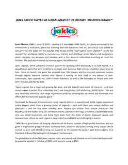 Jakks Pacific Tapped As Global Master Toy Licensee for Apex Legends™