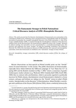 The Fantasmatic Stranger in Polish Nationalism: Critical Discourse Analysis of LPR’S Homophobic Discourse