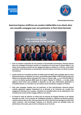 American Express Réaffirme Son Soutien Indéfectible À Ses Clients Dans Une Nouvelle Campagne Avec Son Partenaire, Le Paris Saint-Germain