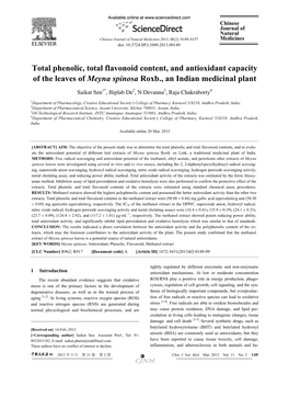 Total Phenolic, Total Flavonoid Content, and Antioxidant Capacity of the Leaves of Meyna Spinosa Roxb., an Indian Medicinal Plant
