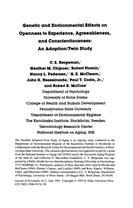 Genetic and Environmental Effects on Openness to Experience, Agreeableness, and Conscientiousness: an Adoption/Tvrin Study