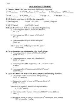 Atoms Worksheet #2 (The Mole)