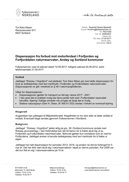 Dispensasjon Fra Forbud Mot Motorferdsel I Forfjorden Og Forfjorddalen Naturreservater, Andøy Og Sortland Kommuner