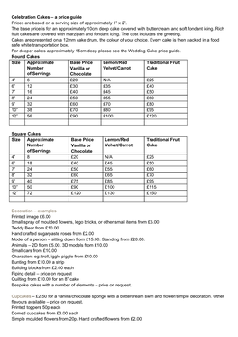 Celebration Cakes – a Price Guide Prices Are Based on a Serving Size of Approximately 1” X 2”