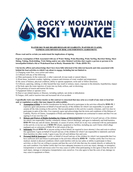 WATER SKI/ WAKE BOARD RELEASE of LIABILITY, WAIVER of CLAIMS, EXPRESS ASSUMPTION of RISK and INDEMNITY AGREEMENT​​. Please R