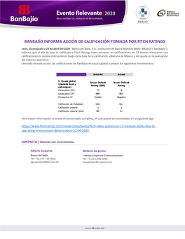 Banbajío Informa Acción De Calificación Tomada Por Fitch Ratings