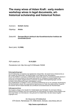 The Many Wives of Adam Kraft : Early Modern Workshop Wives in Legal Documents, Art- Historical Scholarship and Historical Fiction